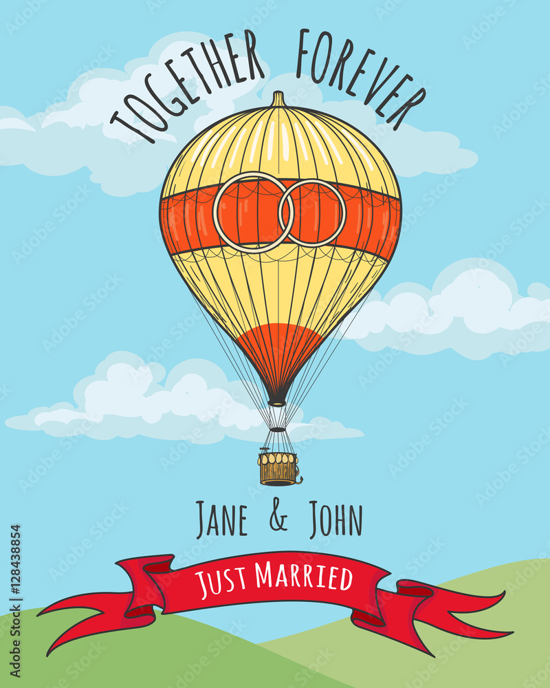 Wedding Card with flying hot air balloon, ribbon and sample text ...