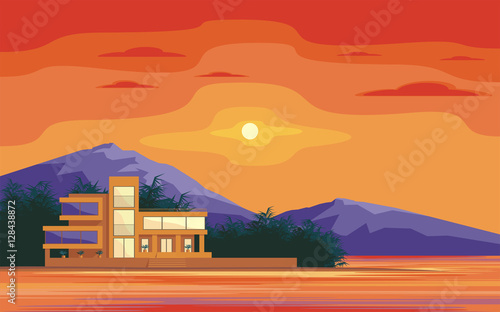 Abstract image of a large, beautiful country house . Luxury Villa on the seafront, surrounded by palm trees. Vector background.