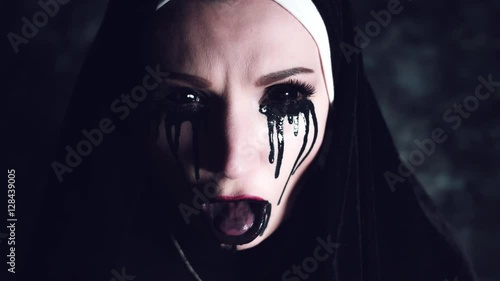 4k Halloween Shot of a Horror Nun Coughing all Dirty