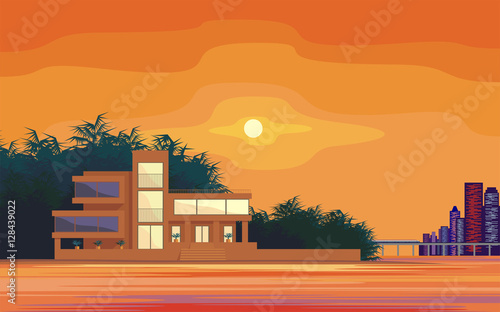 Abstract image of a large, beautiful country house on a background of a modern metropolis. Luxury Villa on the seafront, surrounded by palm trees. Vector background.
