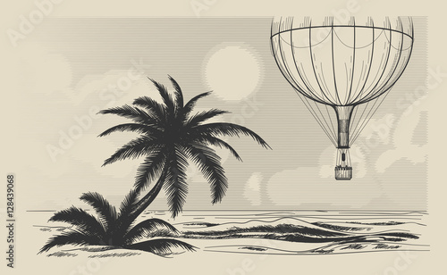Hot air balloon flying over the sea shore. Traveling or air journey vector illustration in retro engraving style