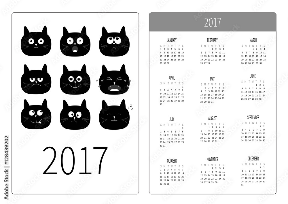 Pocket Calendar 17 Year Week Starts Sunday Flat Design Vertical Orientation Template Cute Black Cat Head Set Funny Cartoon Characters Emotion Collection White Background Stock Vector Adobe Stock