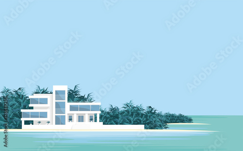 Abstract image of a large, beautiful country house . Luxury Villa on the seafront, surrounded by palm trees. Vector background.