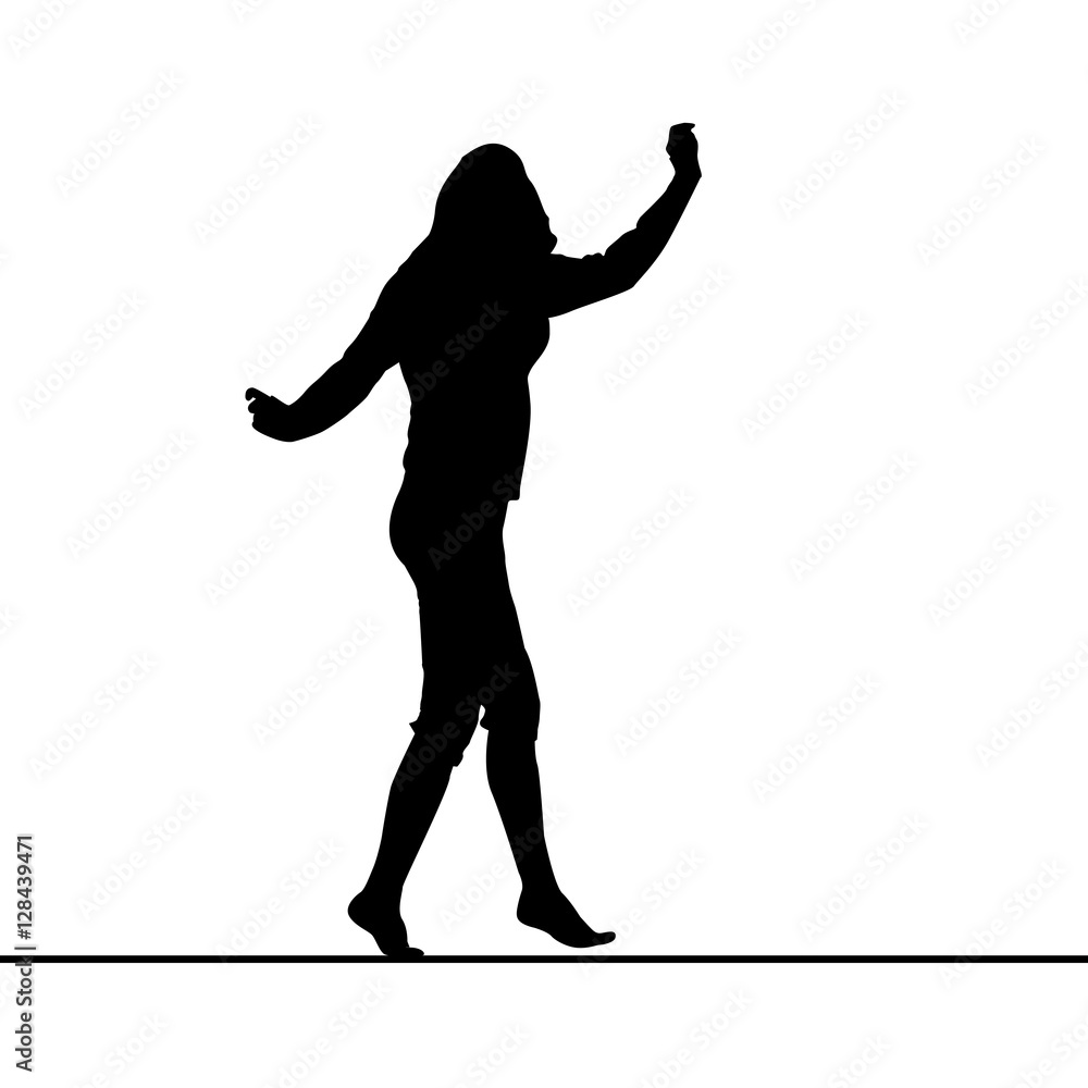 Woman silhouette balancing on slackline Woman silhouette balancing on slackline