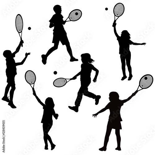Silhouettes of children playing tennis