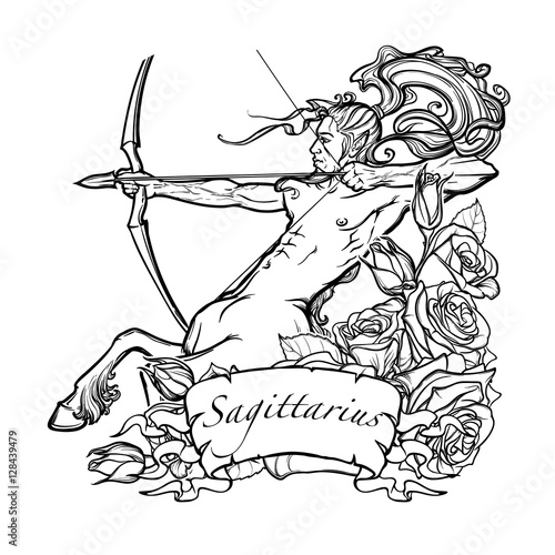 Sagittarius Zodiac sign with a decorative frame of roses Astrology concept art. Tattoo design. Gay Pinup style. Sketch isolated on white background. EPS10 vector illustration.