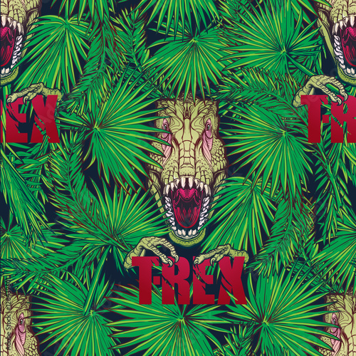 Paleonthology seamless pattern. Detailed sketch style drawing of the roaring tirannosaurus rex hiding among tropical palm tree leaves. Vivid colors. EPS10 vector illustration. photo