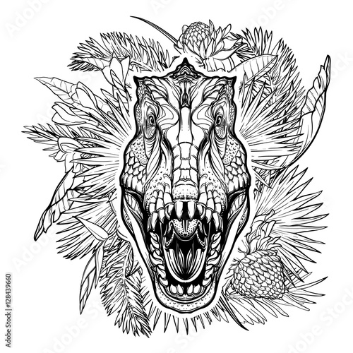 Detailed sketch style drawing of the roaring tirannosaurus rex head on a decoratve bunch of tropical leaves and flowers. Black and white sketch isolated on white background. EPS10 vector illustration. photo