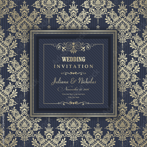 Wedding Invitation cards in an vintage-style blue and gold.