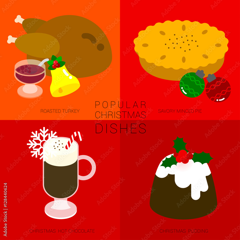 Naklejka premium POPULAR CHRISTMAS DISHES Four popular christmas dishes is illustrated in simple style with festival icon such as a bell, snowflake, and christmas decoration ornament on red background.