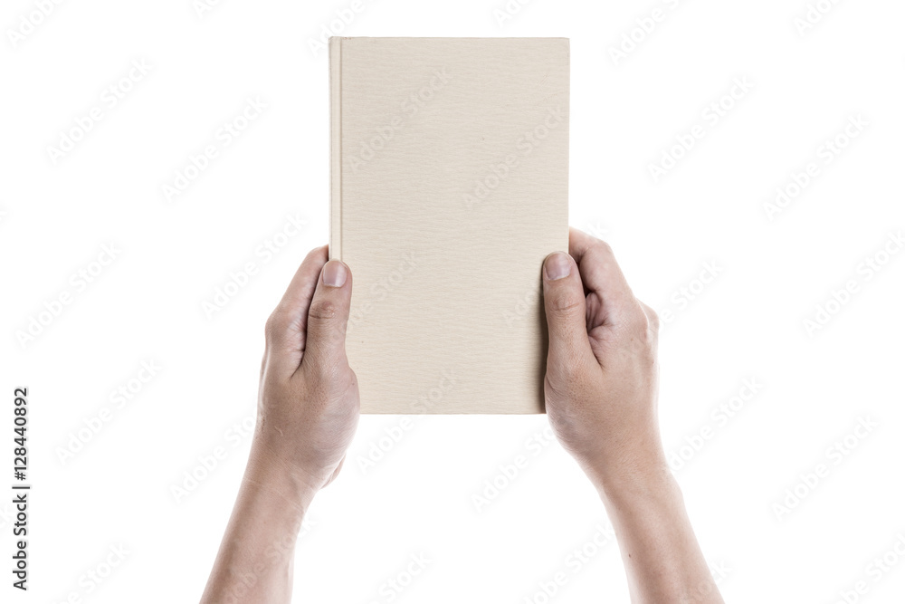 Two hands hold a empty(blank) book spread isolated white. Two hands hold a empty(blank) book spread isolated white.
