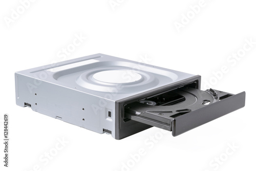 opened drive CD - DVD - Blu Ray with a black cap and, white background