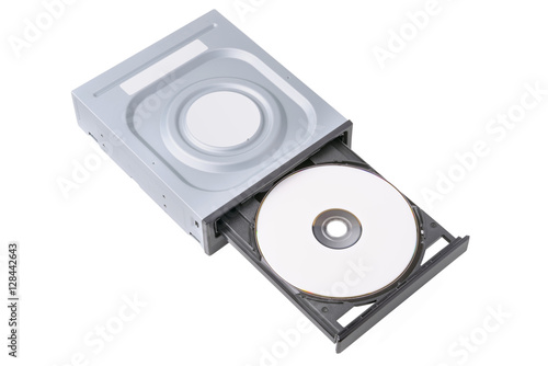 opened drive CD - DVD - Blu Ray with a black cap and disk, white background