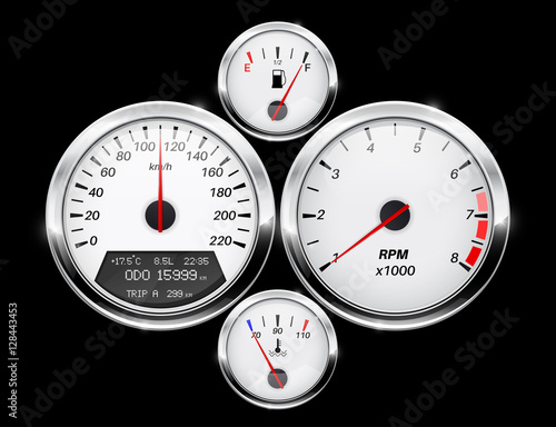 Speedometer, tachometer, fuel and temperature gage. Car dashboard