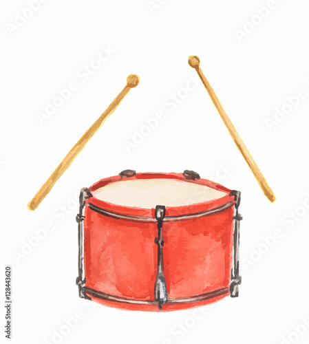 Isolated watercolor drums on white background. Classical instrument.