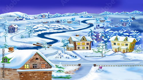Winter Night in Village by the River