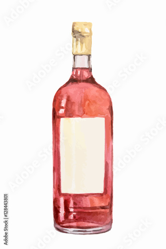Watercolor alcohol bottle on white background. Alcohol beverage. Drink for restaurant or pub.