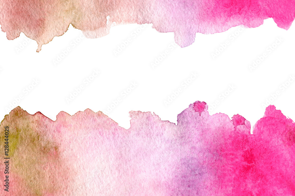 Pink watery frame.Abstract watercolor hand drawn image.Gradient splash.White background.