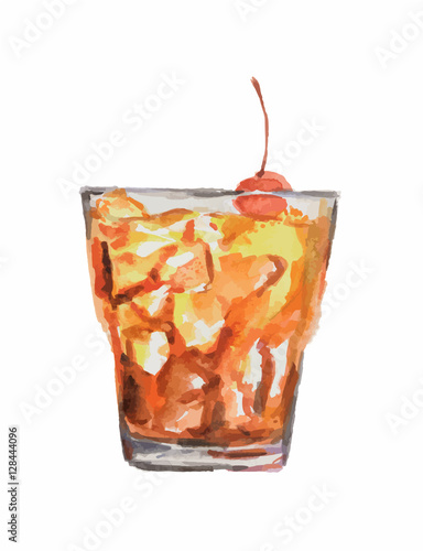 Isolated watercolor cocktail. Isolated glass with alcohol drink on white background. Cherry.