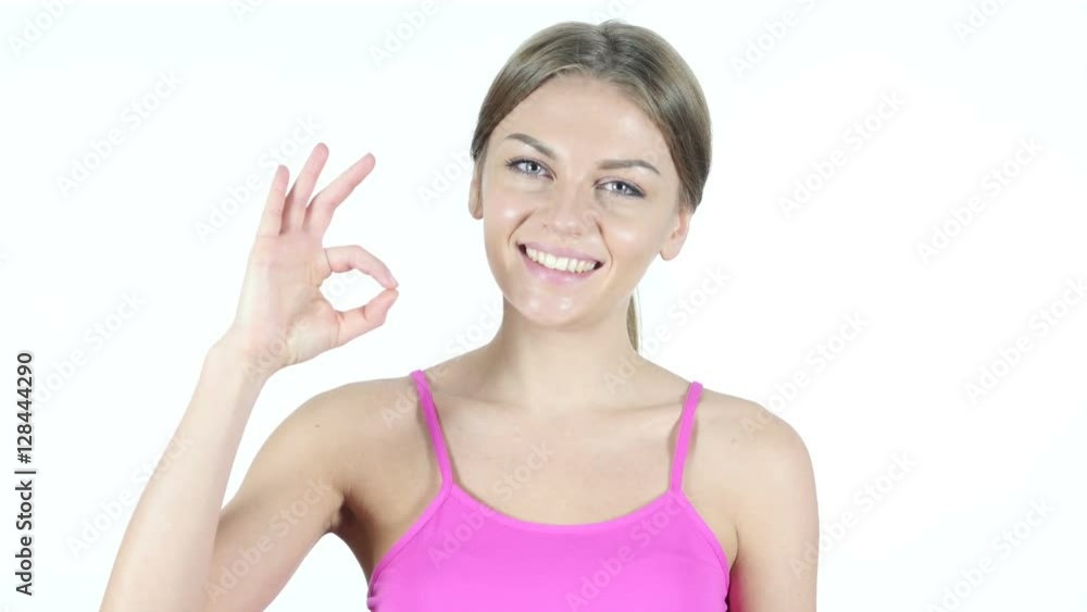 Woman Showing Ok Sign, White Background Woman Showing Ok Sign, White Background