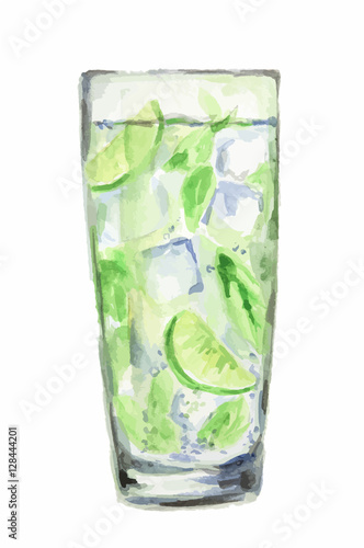 Isolated watercolor cocktail. Isolated glass with alcohol drink on white background. Ice cubes and lime. Mojito.