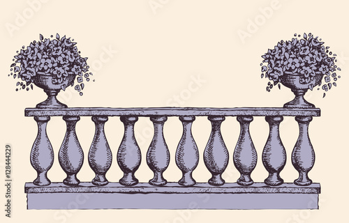 Balustrade with flowers in vase. Vector drawing