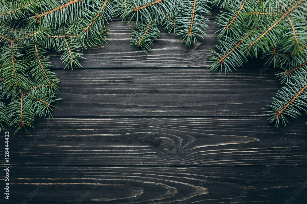 Christmas or New Year dark wooden background, Xmas black board framed with season decorations. Christmas or New Year dark wooden background, Xmas black board framed with season decorations.