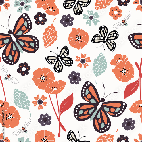 Seamless pattern with flowers, floral elements and butterflies, nature life
