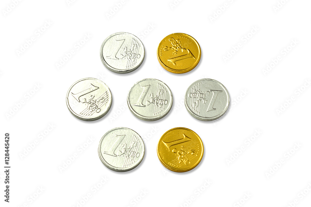 chocolate euro coins as a concept for finance, isolate on white