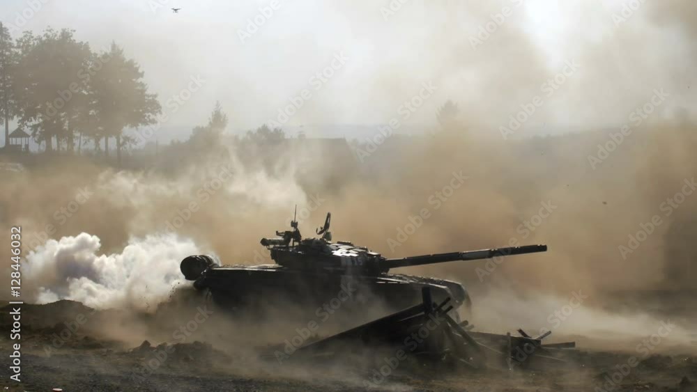 Shooting russian tank, T 72 attack, Tank rides, dust, smoke, military action