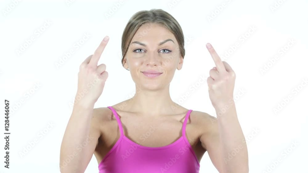Angry Woman shows Middle Finger, White Background Angry Woman shows Middle Finger, White Background