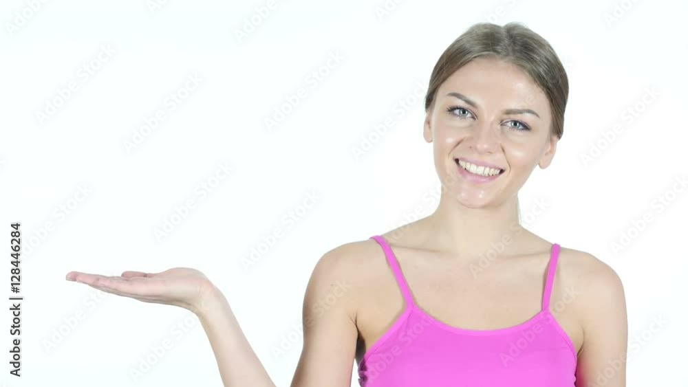 Woman Showing Product Aside , White Background Woman Showing Product Aside , White Background
