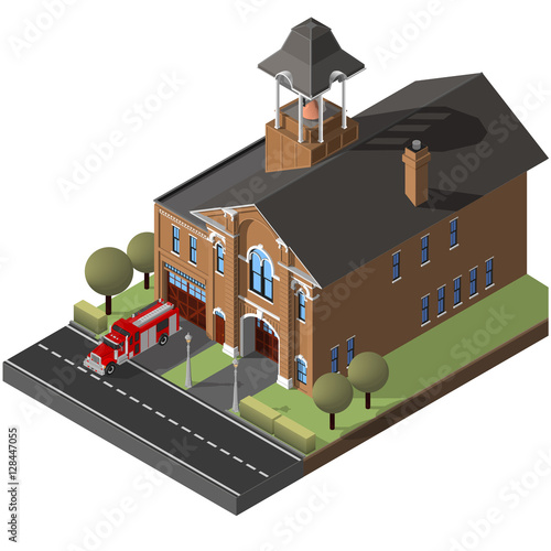 isometric firehouse and firetruck.