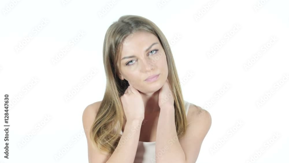 Neck pain, Tired Woman on White Background Neck pain, Tired Woman on White Background