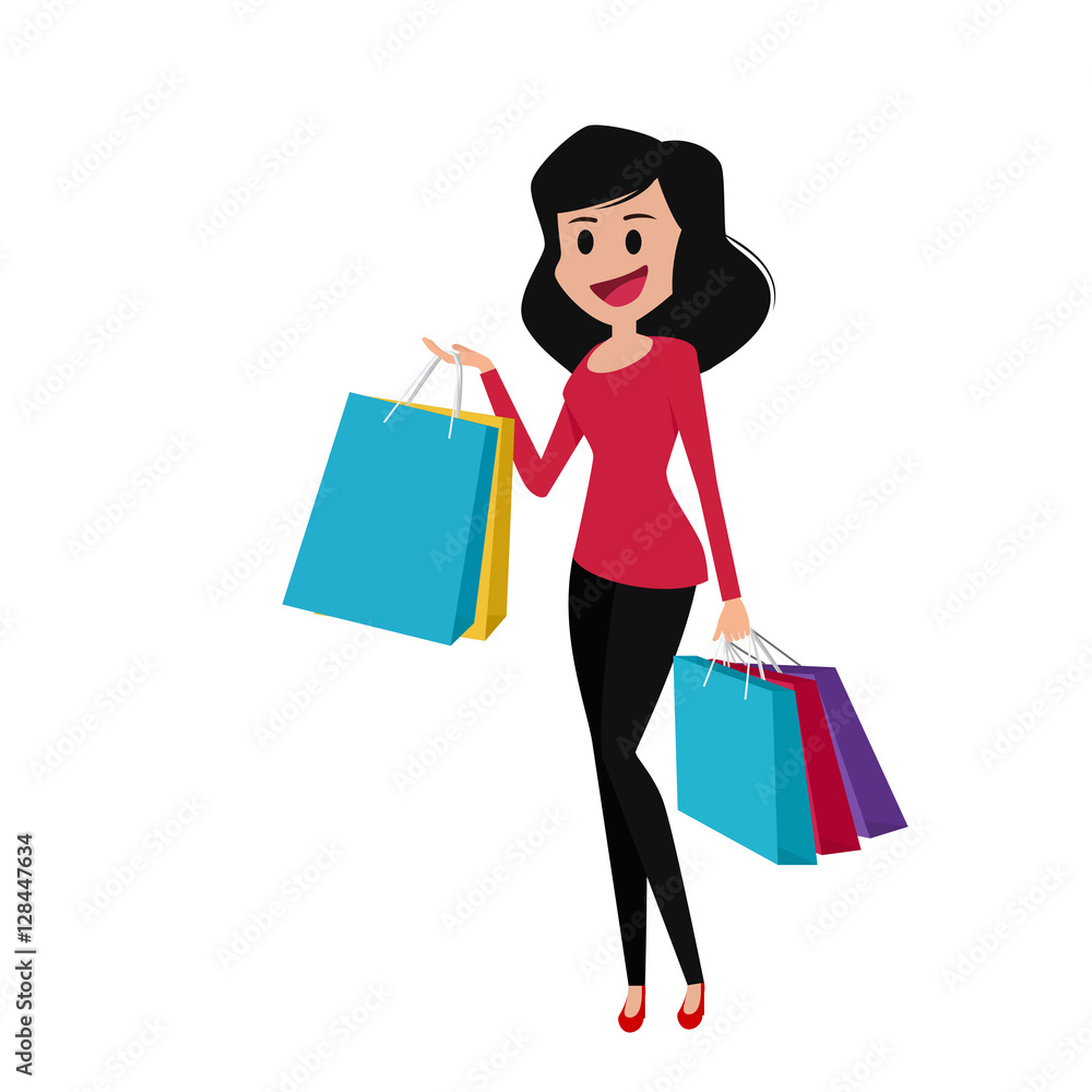 Buyer girl with shopping bags from the shopping mall. Cartoon character Vector Illustration.