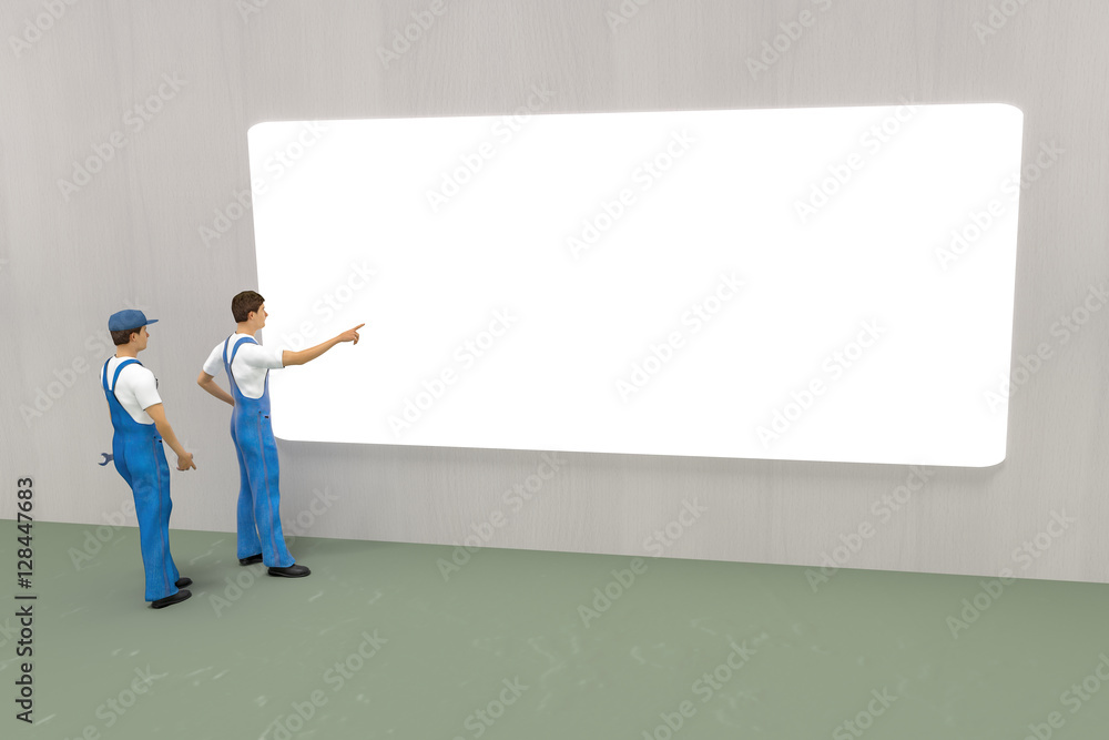 Two workers in front of empty billboard, 3d illustration Two workers in front of empty billboard, 3d illustration