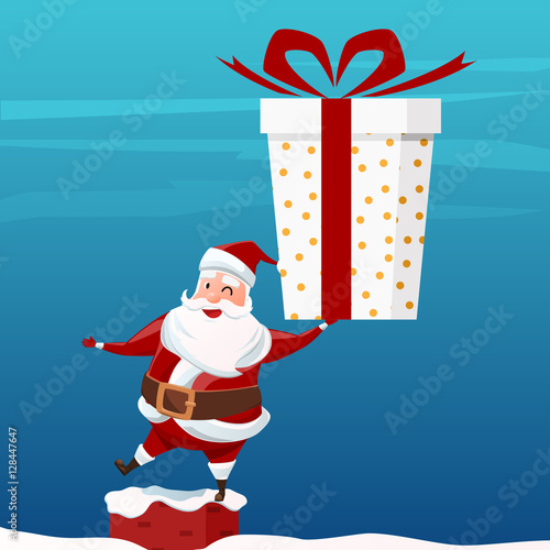 Merry Christmas. Santa Claus holding big gift box on chimney at the roof. Christmas and Happy New Year. Cartoon Vector Illlustration.