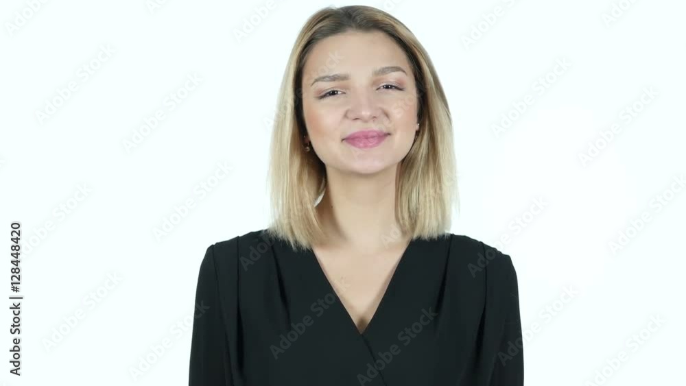 Young Woman Showing Victory Sign, White Background Young Woman Showing Victory Sign, White Background