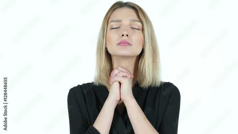 Young Woman praying, Asking forgiveness, White Background Young Woman praying, Asking forgiveness, White Background