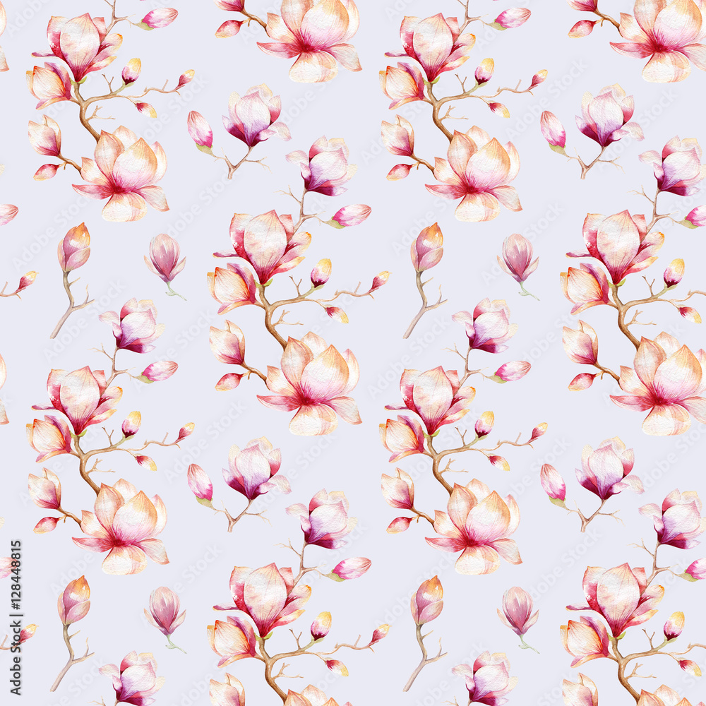 Watercolor seamless wallpaper with magnolia flowers, leaves. Watercolor seamless wallpaper with magnolia flowers, leaves.