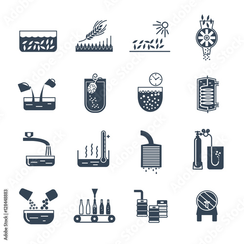 set of black icons manufacture of beer production process