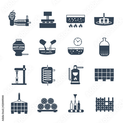 set of black icons manufacture of wine production process