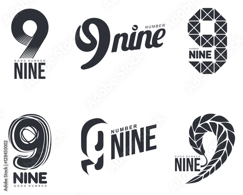 Set of black and white number nine logo templates, vector illustrations isolated on white background. Black and white graphic number nine logo templates - technical, organic, abstract photo