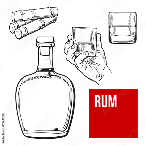 Jamaican rum bellied bottle, hand holding shot glass and sugar cane, sketch vector illustration isolated on background. black and white hand drawing of unlabeled rum bottle, shot glass and sugarcane