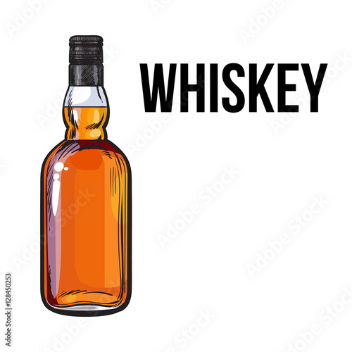 Unopened, unlabeled full whiskey bottle, sketch style vector illustration isolated on white background. Realistic hand drawing of an unlabeled, unopened whiskey, rum, brandy bottle