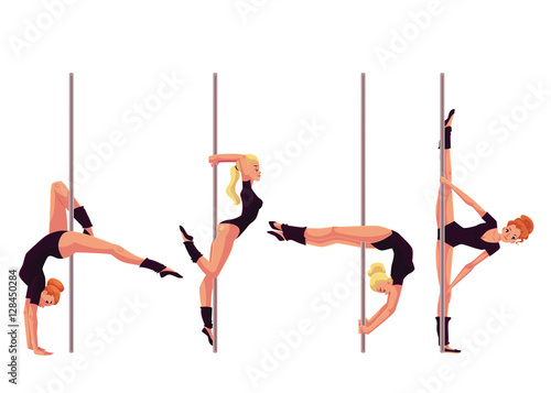 Set of four young pole dance women, cartoon style vector illustration isolated on white background. Young, slim and beautiful pole dancers in black leotards showing some tricks