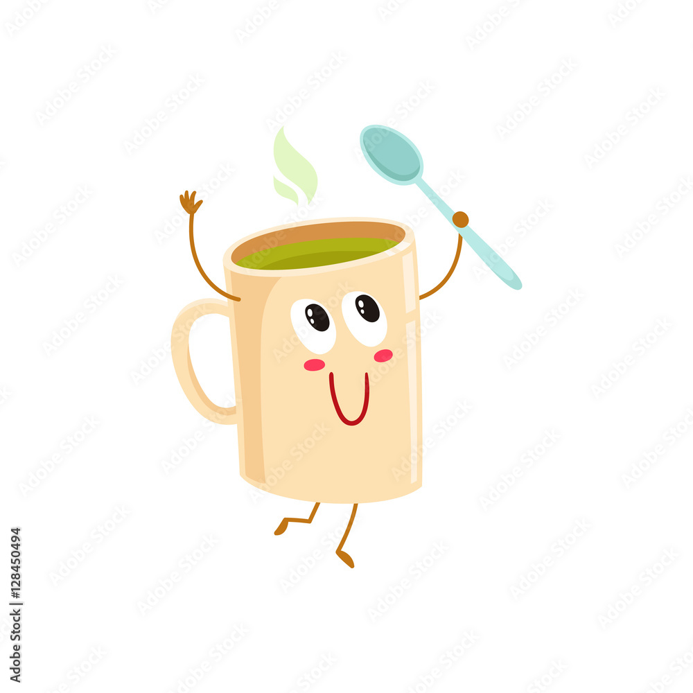 Funny green tea mug character holding a spoon, cartoon vector illustration  isolated on white background. Cute green tea ceramic, porcelain mug  character with eyes, legs, and a wide smile Stock Vector |