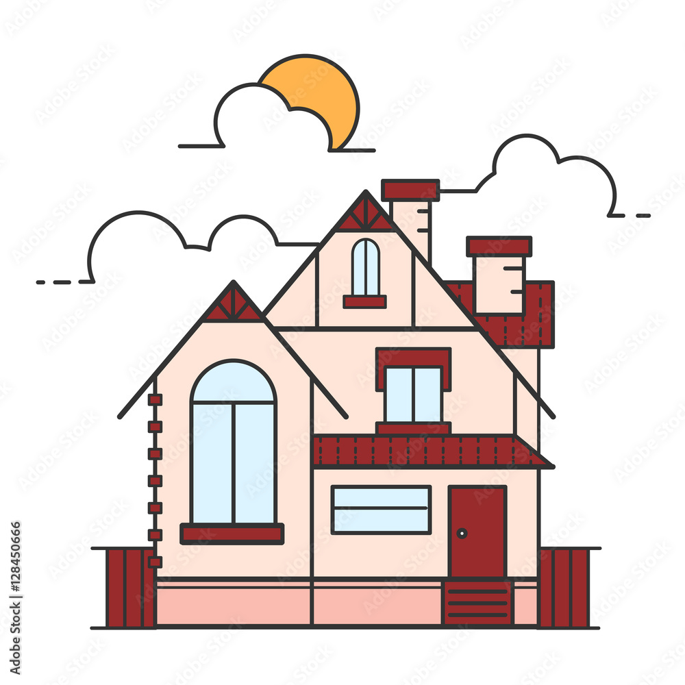 Vector line art illustration of house icon isolated on white bac