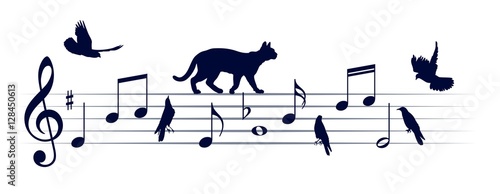 Musical notes with cats and birds.