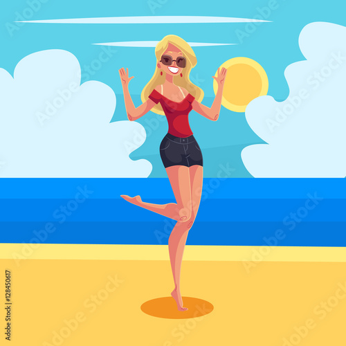Young barefooted blond woman in sun glassses dancing on the beach, cartoon vector illustration. Young, beautiful woman, girl with long blond hair dancing at the beach on a wonderful sunny day
